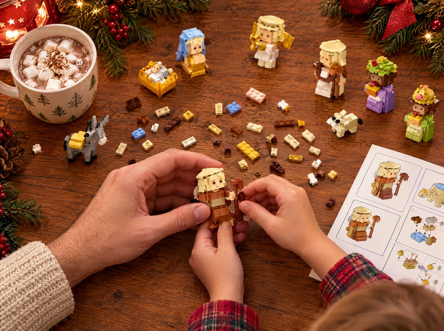 Hands building the nativity pieces