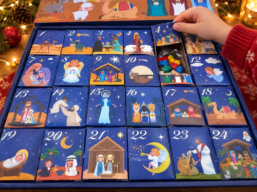 Child opening the day's door on the advent calendar