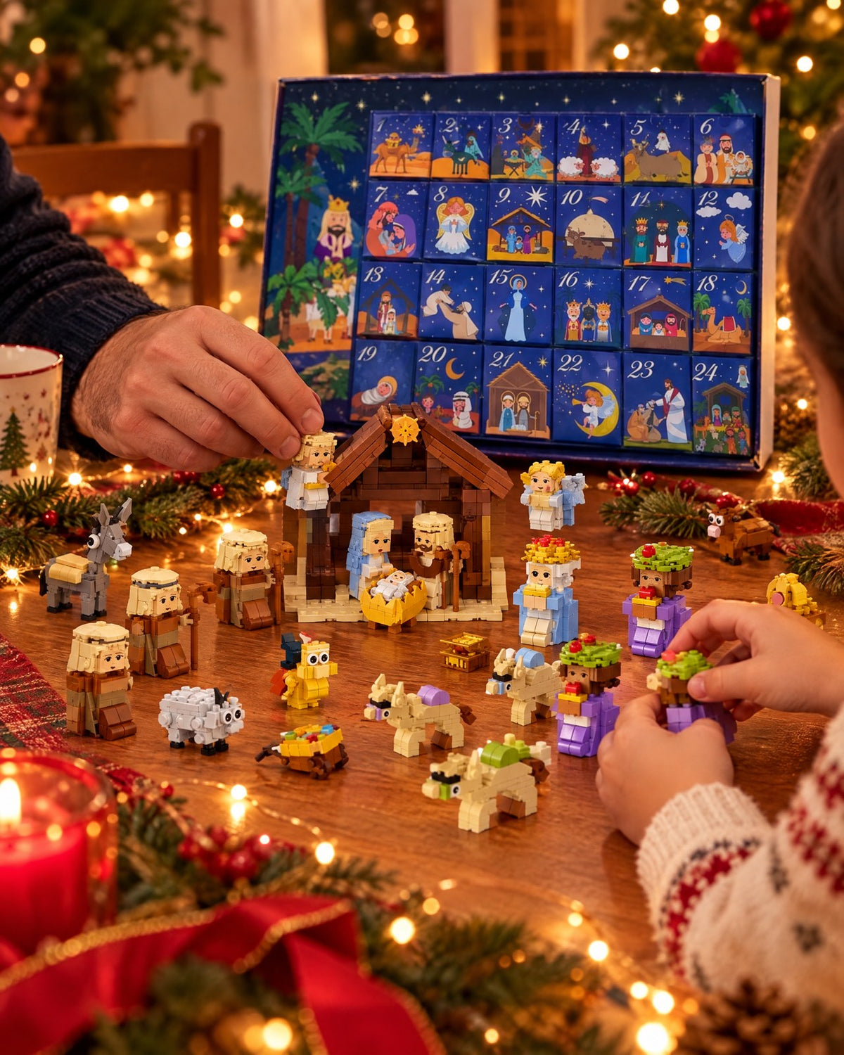 Family building the brick Nativity set at the table